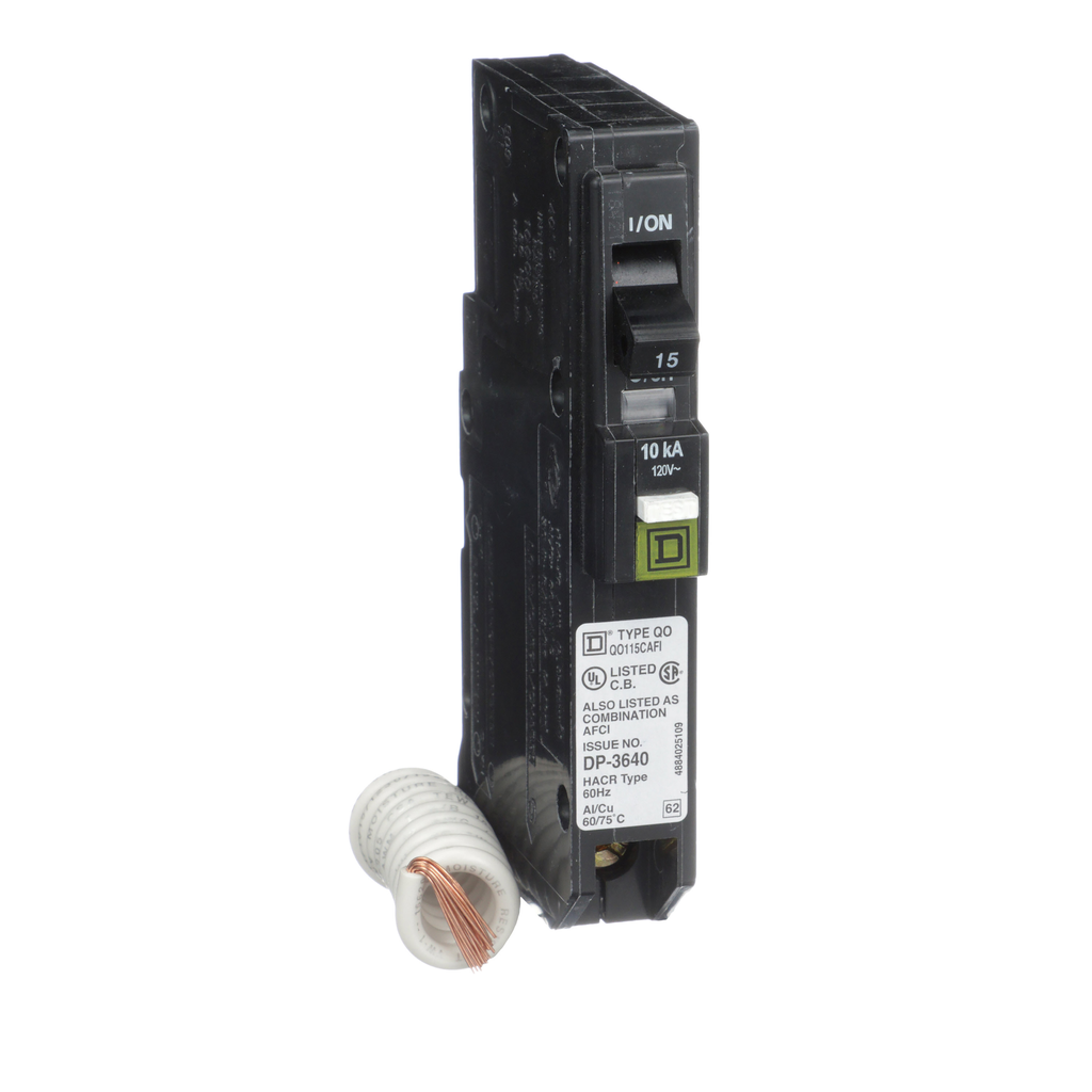 QO115CAFIC – Mini circuit breaker, QO, 15A, 1 pole, 120VAC, 10kA, plug in, combo ARC fault, pigtail, clam