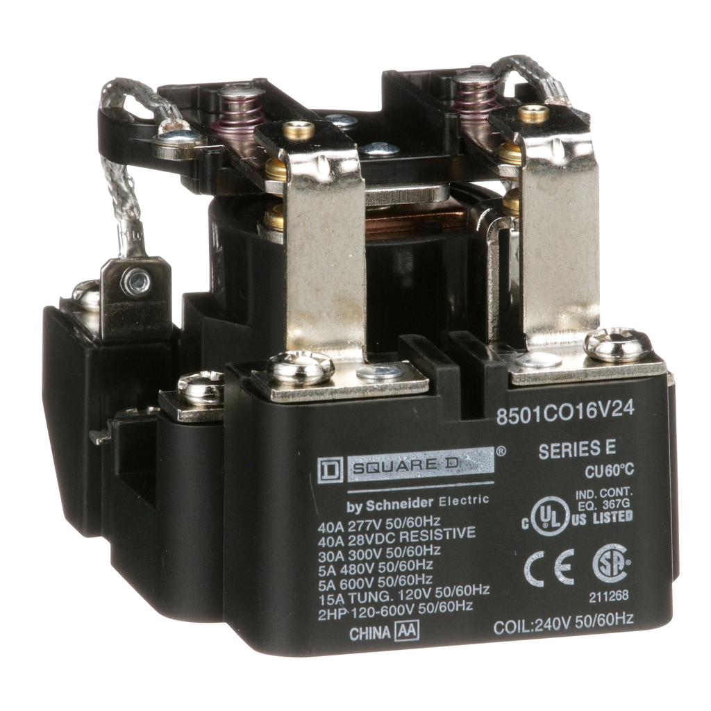 8501CO16V24 – Power Relay, Type C, 2 hp, 30A resistive at 300VAC, DPDT, 2 normally open and 2 normally closed contact, 240VAC coil
