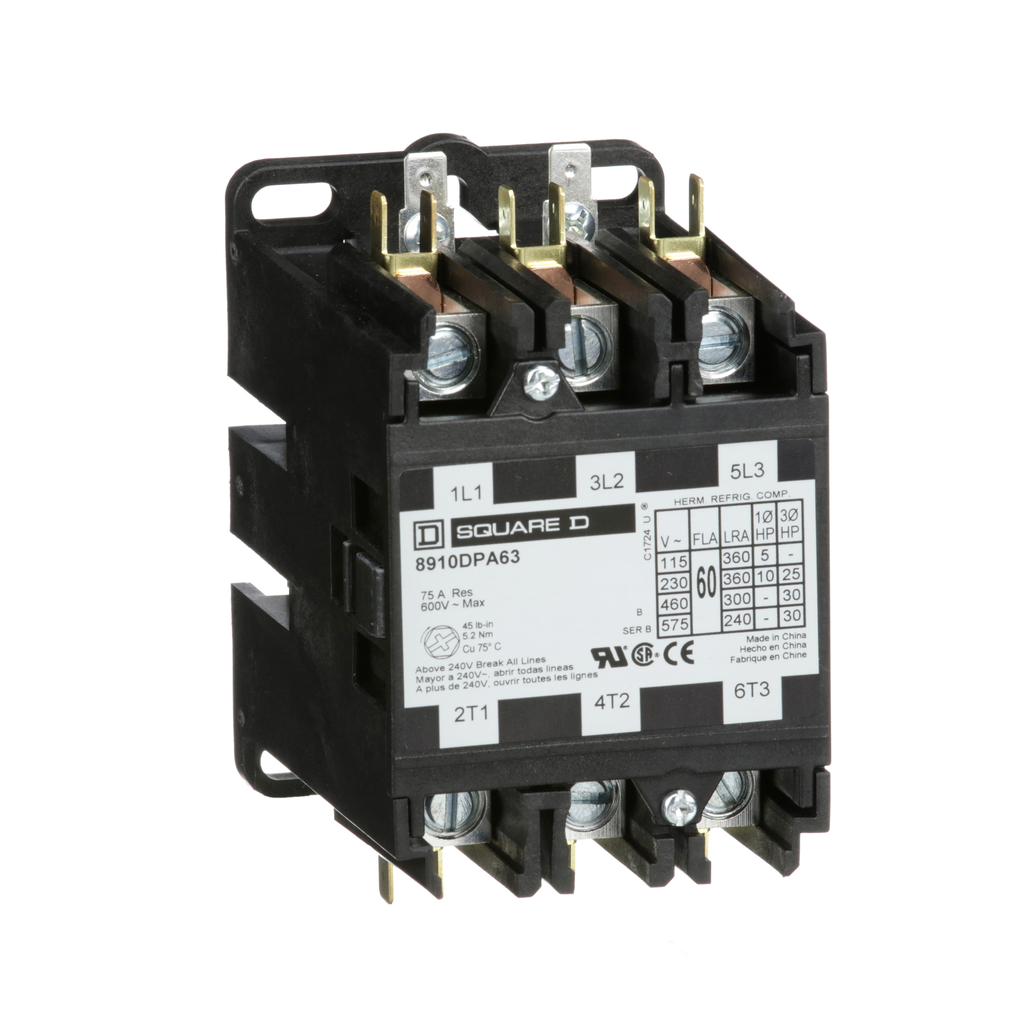8910DPA63V09 – Contactor, Definite Purpose, 60A, 3 pole, 30HP at 575VAC, 3 phase, 208/240VAC 60Hz 220VAC 50Hz coil, open