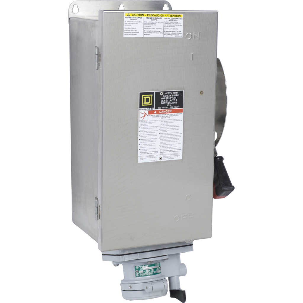 HU362DSWA – Safety switch, heavy duty, non fusible, 60A, 600VAC, 600VDC, 3 poles, 60hp, NEMA 4, 4X, 5, 304 steel, Appleton