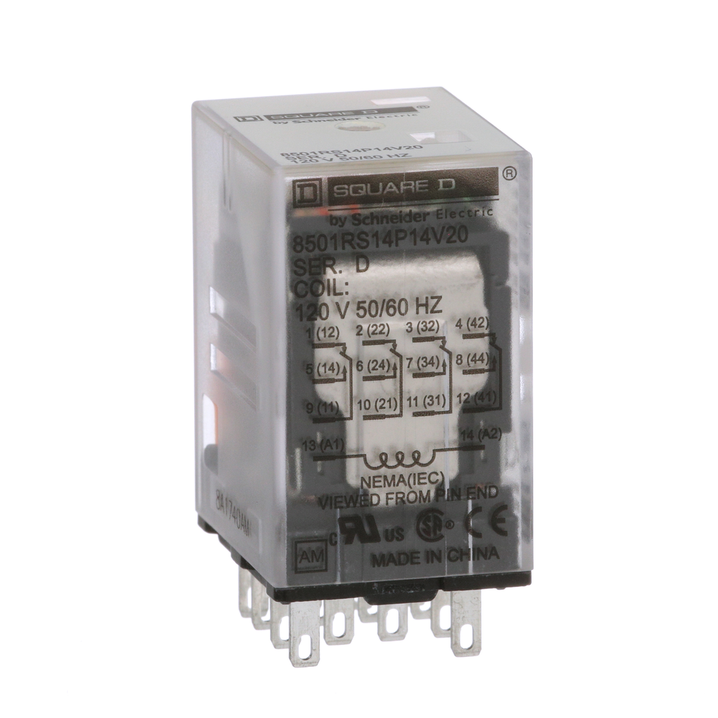 8501RS14P14V20 – Miniature Relay, Harmony 8501R, low voltage, 4PDT, green LED, socket mounting, 120V AC, 4NO  4NC
