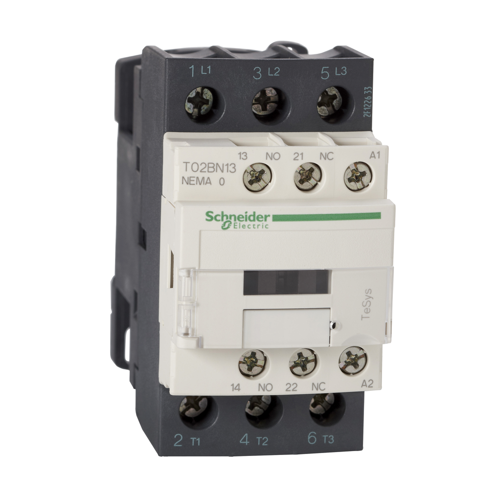 T02BN13BD – Contactor, Tesys N Contactors, nonreversing, 3P, 3phase, 18A, 5HP at 460VAC, NEMA size 0, 24VDC coil, open