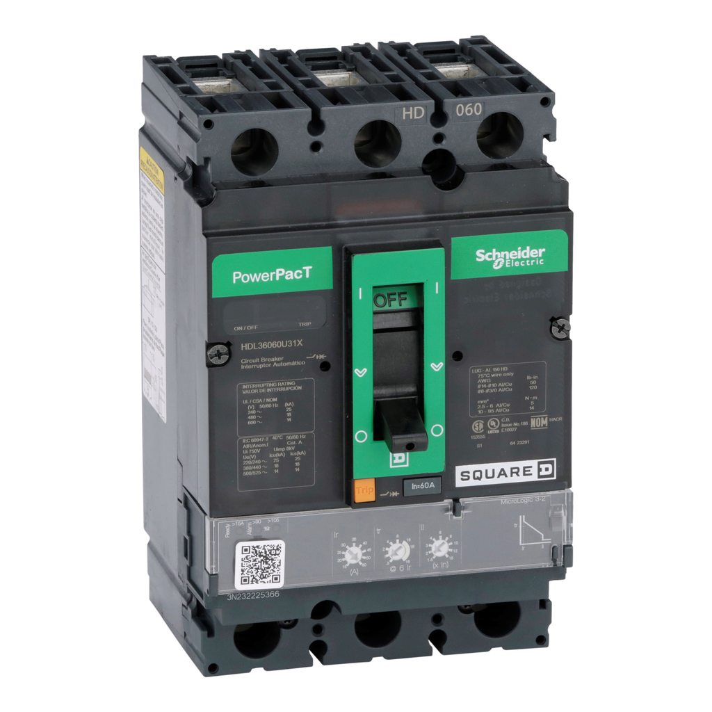 HDL36060U31X – Circuit breaker, PowerPacT H, 60A, 3 pole, 600VAC, 14kA, lugs, Micrologic 3.2, 80%