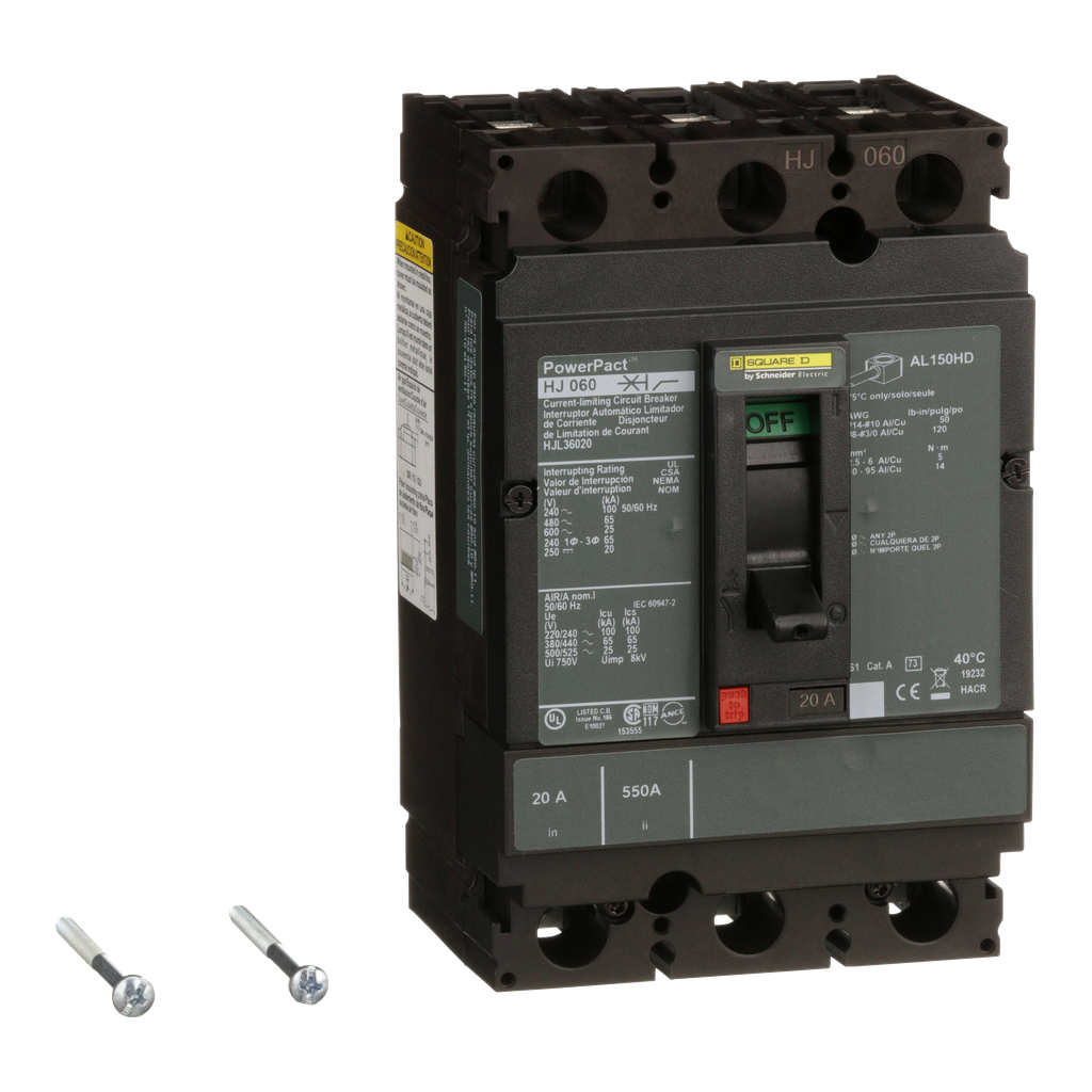 HJL36020 – Circuit breaker, PowerPacT H, 20A, 3 pole, 600VAC, 25kA, lugs, thermal magnetic, 80%