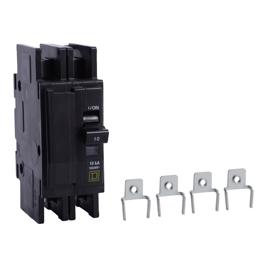 QOUR2103100 – Mini circuit breaker, QOU, 10A, 2 pole, 120/240 VAC, 10kA, field reversible lugs, mounting foot