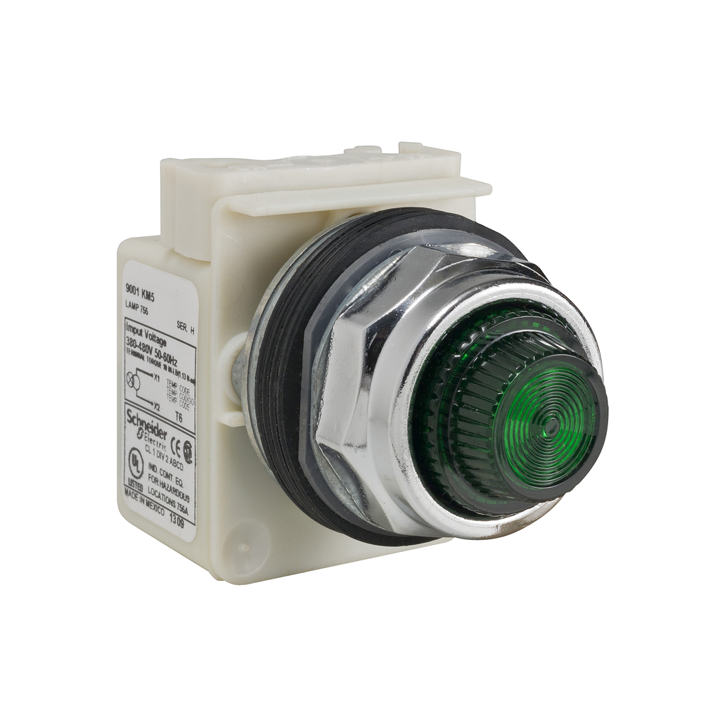 Product image for Square D 9001KP5G31 30 mm 380/480 Volt Green Lens Metal Bezel Standard Round Pilot Light