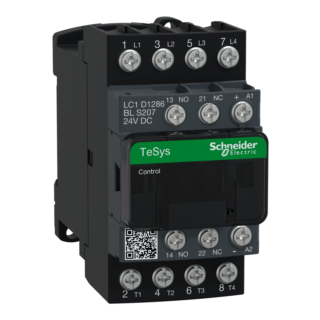 LC1D1286BLS207 – IEC contactor, TeSys D, nonreversing, 25A resistive, 4 pole, 2 NO and 2 NC, low consumption 24VDC coil, open style