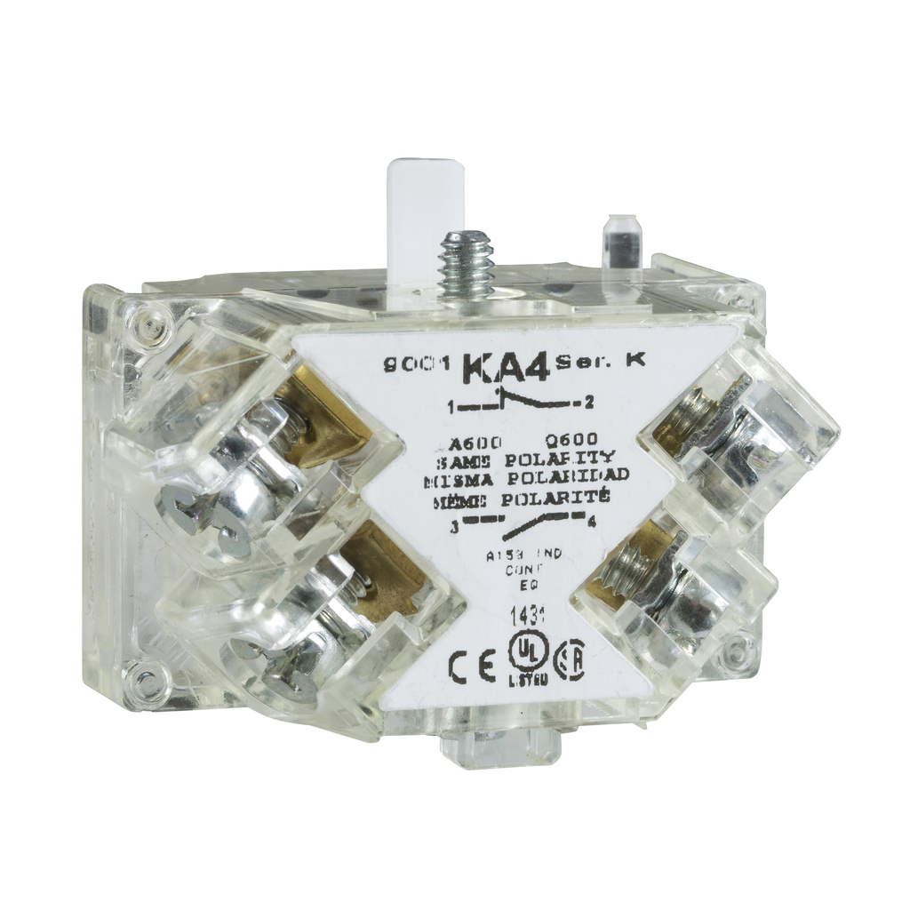 9001KA4 – Contact block, Harmony 9001K, Harmony 9001SK, silver alloy contacts, screw clamp terminal, 0…600V, early make, 1 NO