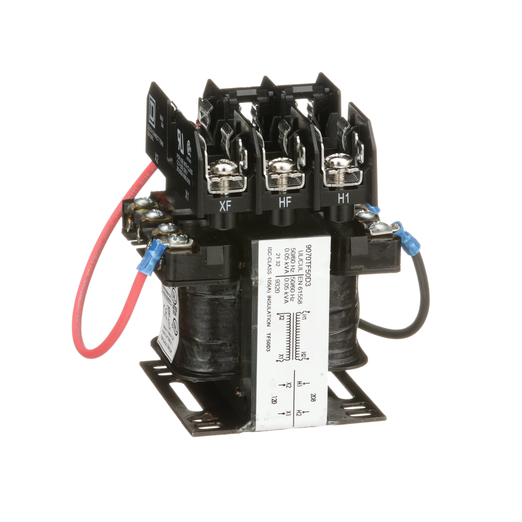 9070TF50D3 – Industrial control transformer, Type TF, 1 phase, 50VA, 208V primary, 120V secondary, 50/60Hz