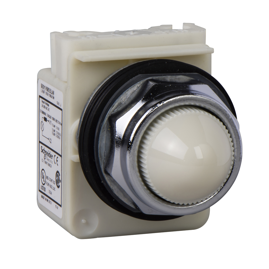 9001KP35LWW9 – Pilot light, Harmony 9001K, metal, polycarbonate, domed, white, 30mm, LED white, 24…28V