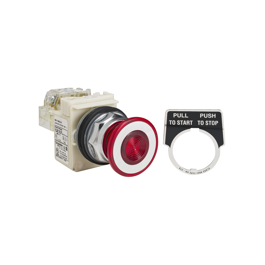 9001KR9P35LRRH13 – Illuminated push button, Harmony 9001K, metal, mushroom 41mm, red, 30mm, 2 positions, push pull, LED red, 24…28V, 1 CO