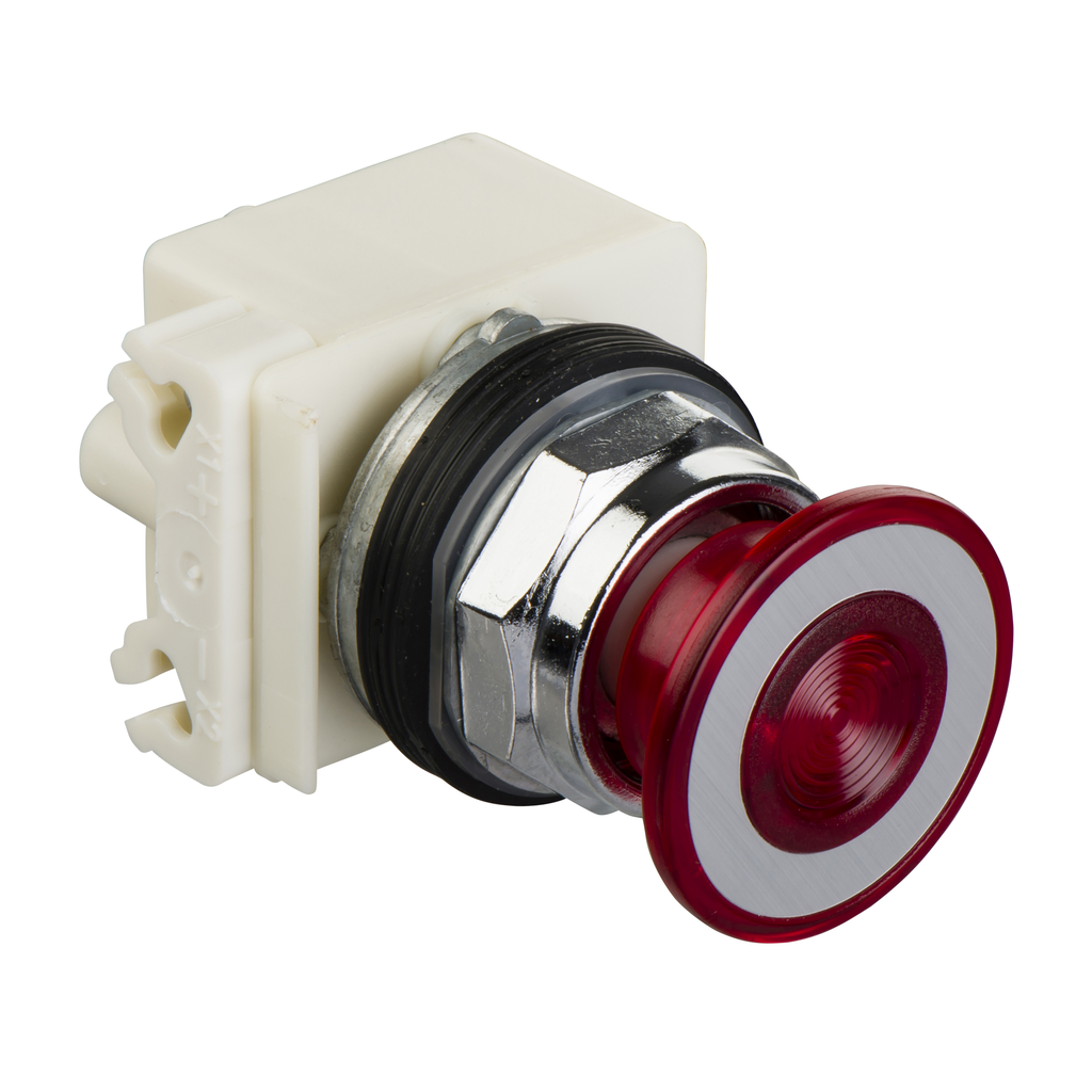 9001KR9P35LRR – Illuminated push button head, Harmony 9001K, metal, mushroom 41mm, red, 30mm, 2 positions, push-pull, LED red, 24…28V