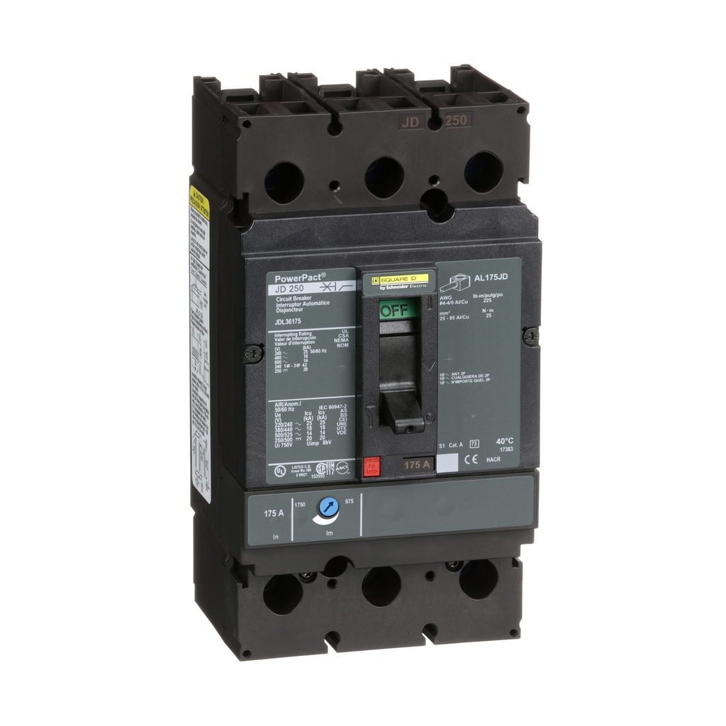JDL36175 – Circuit breaker, PowerPacT J, 175A, 3 pole, 600VAC, 14kA, lugs, thermal magnetic, 80%