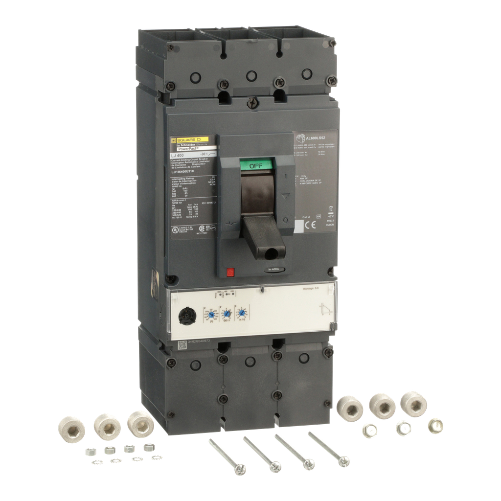 LJP36400U31X – Circuit breaker, PowerPacT L, 400A, 3 pole, 600VAC, 25kA, lugs, MicroLogic 3.3, 80%