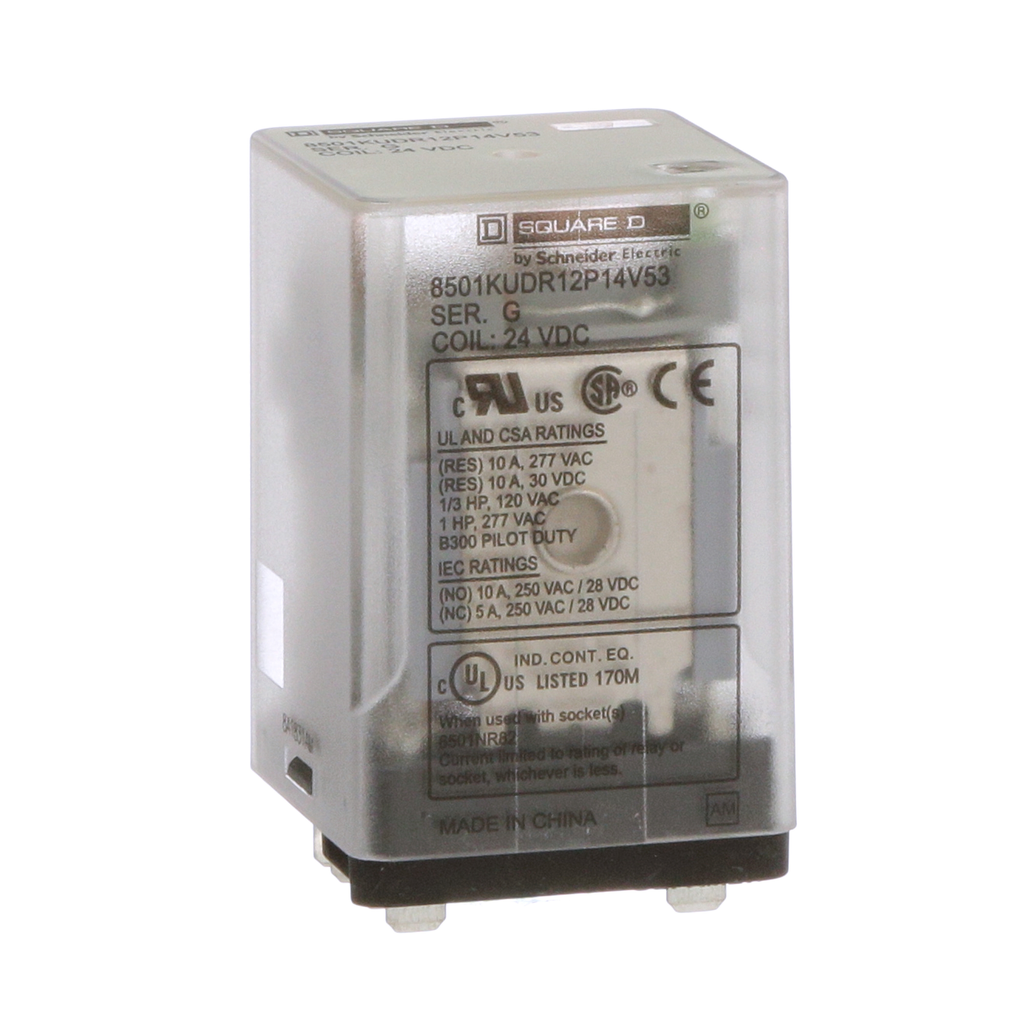 8501KUDR12P14V53 – Plug in relay, Type KU, blade, 0.5 HP at 240 VAC, 10A resistive at 120 VAC, 8 blade, DPDT, 2 NO, 2 NC, 24 VDC coil