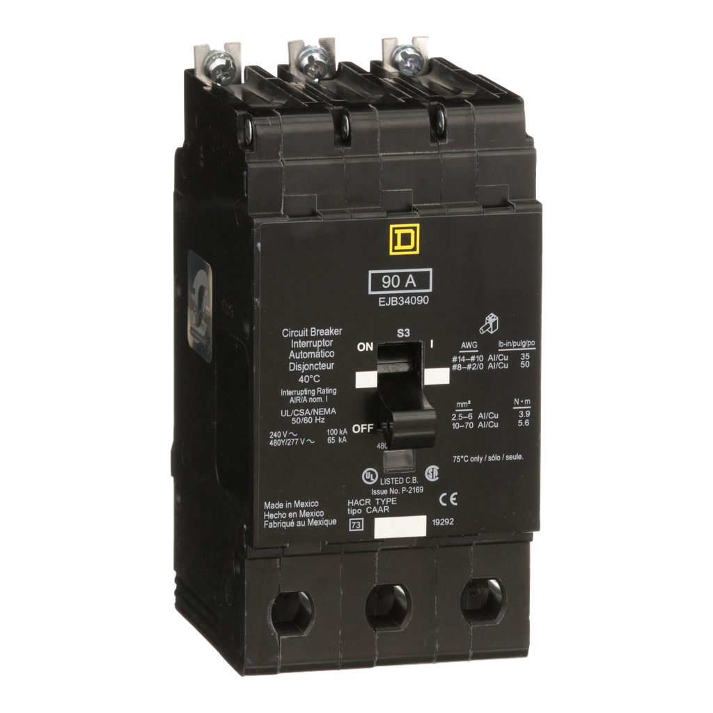 EJB34090 – Mini circuit breaker, E-Frame, 90A, 3 pole, 480Y/277VAC, 100kA max, bolt on