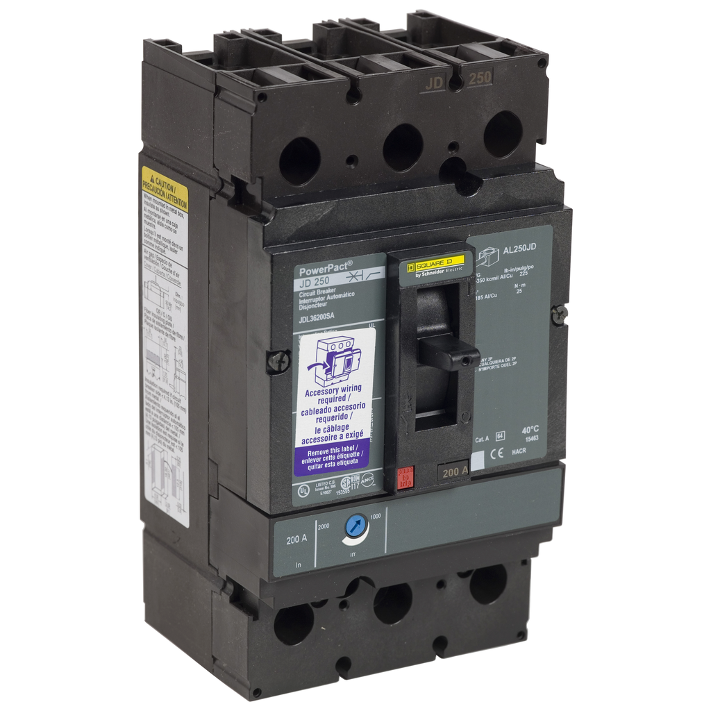 JDL36150SA – Circuit breaker, PowerPacT J, 150A, 3 pole, 600VAC, 14kA, lugs, thermal magnetic, 80%, shunt