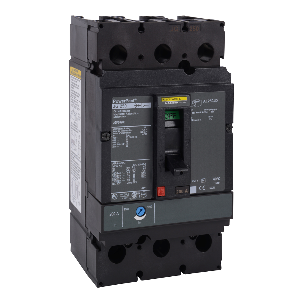 JGF26200 – Circuit breaker, PowerPacT J, 200A, 2 pole, 600VAC, 18kA, busbar, thermal magnetic, 80%