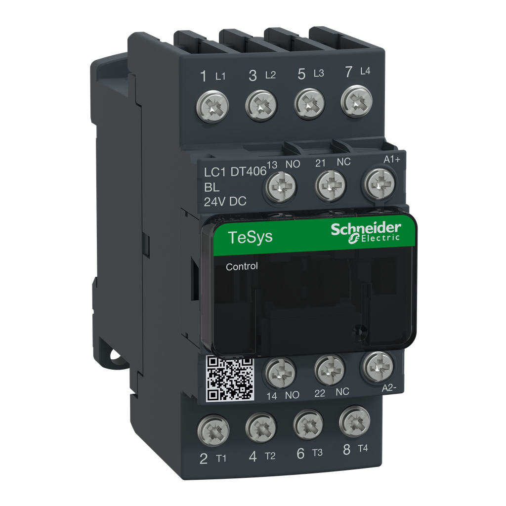 LC1DT406BL – IEC contactor, TeSys Deca, nonreversing, 40A resistive, 4 pole, 4 NO, low consumption 24VDC coil, open style