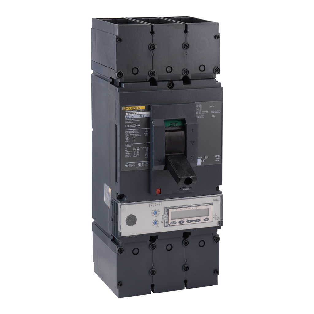 LDL36400U44X – Circuit breaker, PowerPacT L, 400A, 3 pole, 600VAC, 14kA, lugs, Micrologic 6.3A, 80%