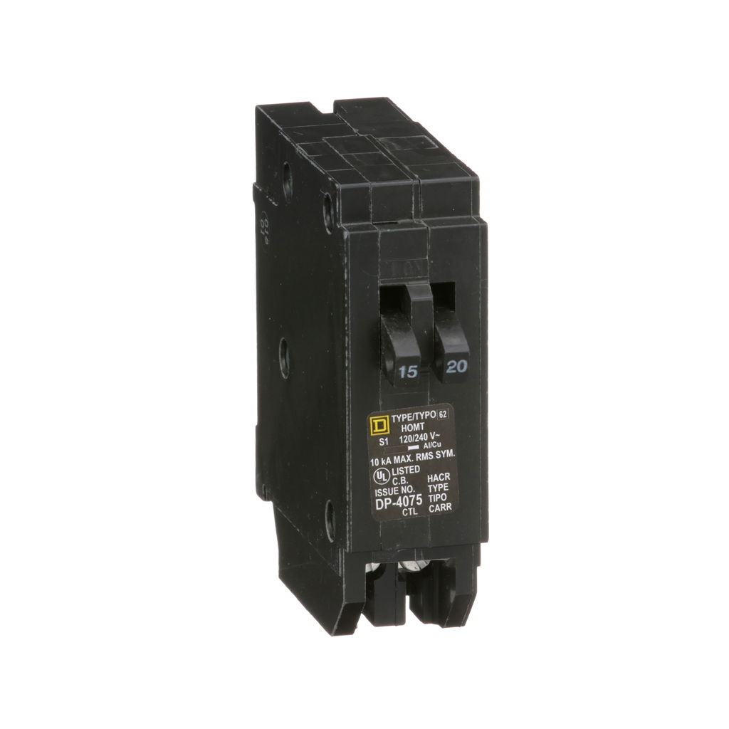 HOMT1520 – Tandem circuit breaker, Homeline, 1 x 1 pole at 15A, 1 x 1 pole at 20A, 120/240VAC, 10kA AIR, plug in, UL