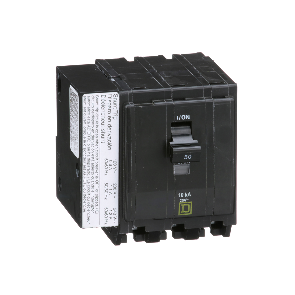 QO3501021 – Mini circuit breaker, QO, 50A, 3 pole, 120/240VAC, 10kA, plug in, AC shunt
