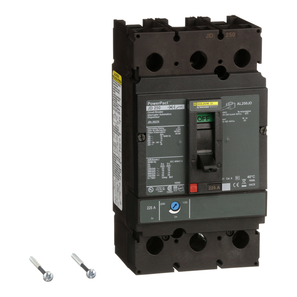 JDL26225 – Circuit breaker, PowerPacT J, 225A, 2 pole, 600VAC, 14kA, lugs, thermal magnetic, 80%