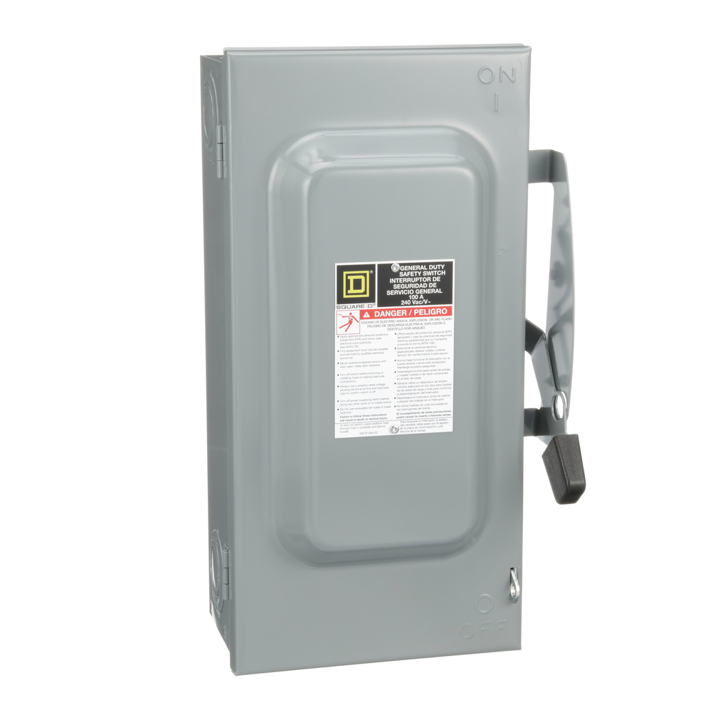 D223N – Safety switch, general duty, fusible, 100A, 2 pole, 30hp, 240VAC, NEMA 1, neutral factory installed