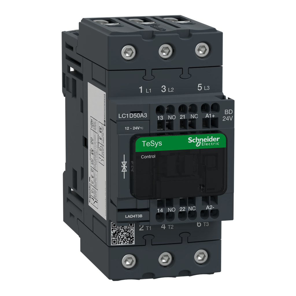 LC1D50A3BD – IEC contactor, TeSys Deca, nonreversing, 50A, 40HP at 480VAC, 3 phase, 3 pole, 3 NO, 24VDC coil, open style