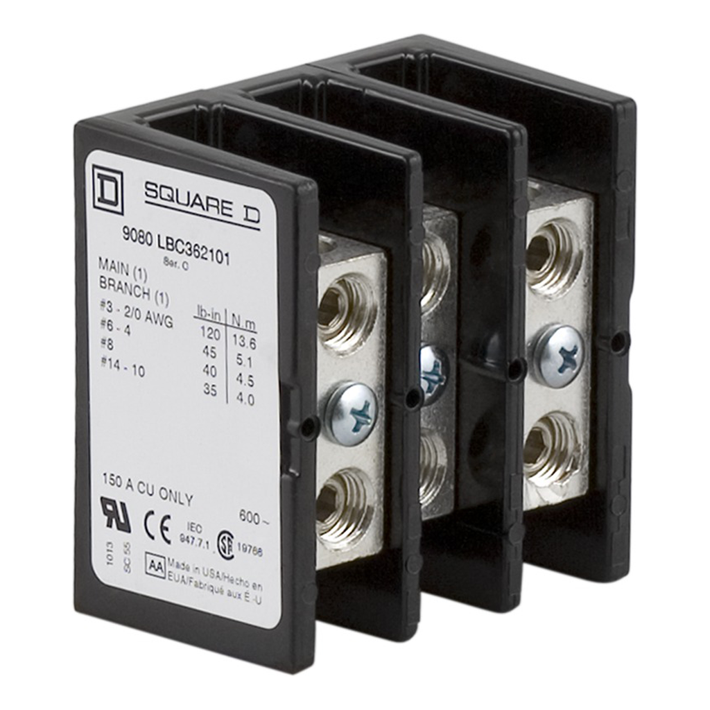 9080LBC362101 – Power distribution block, Linergy, 3 pole, 1 line, 1 load, 150A Cu, 600V