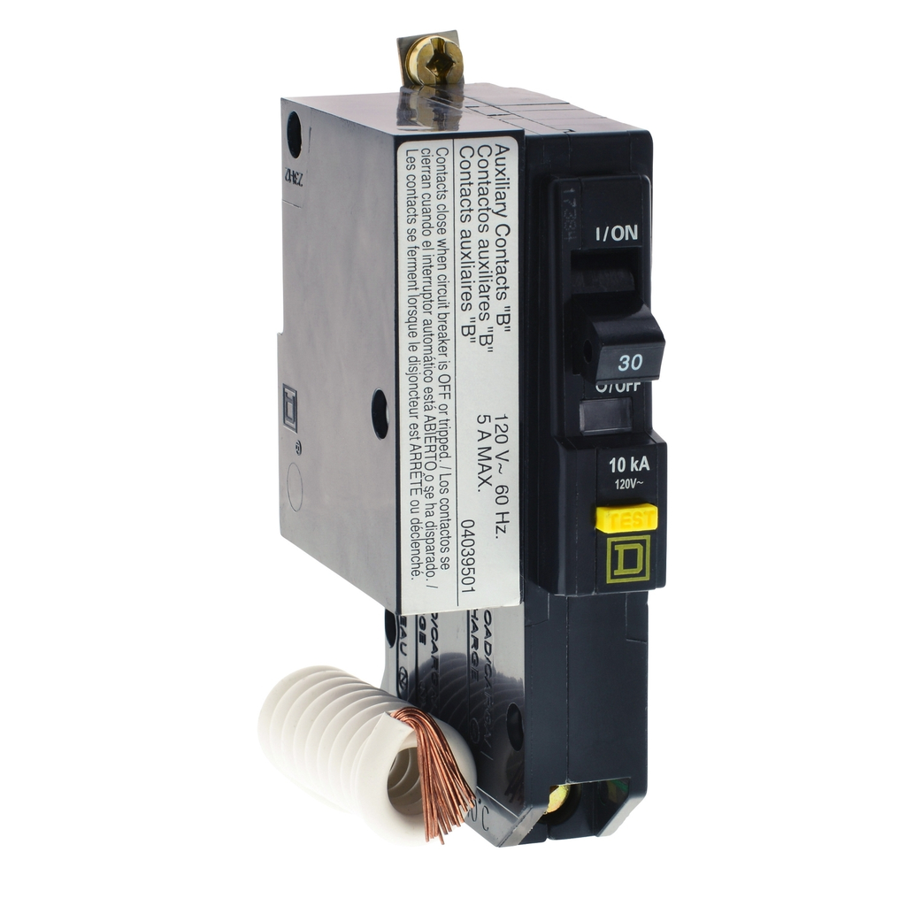 Mayer-DDS-Mini circuit breaker, QO, 30A, 1 pole, 120VAC, 10kA, bolt on, 6mA grd fault A, pigtail, aux switch 1A-1