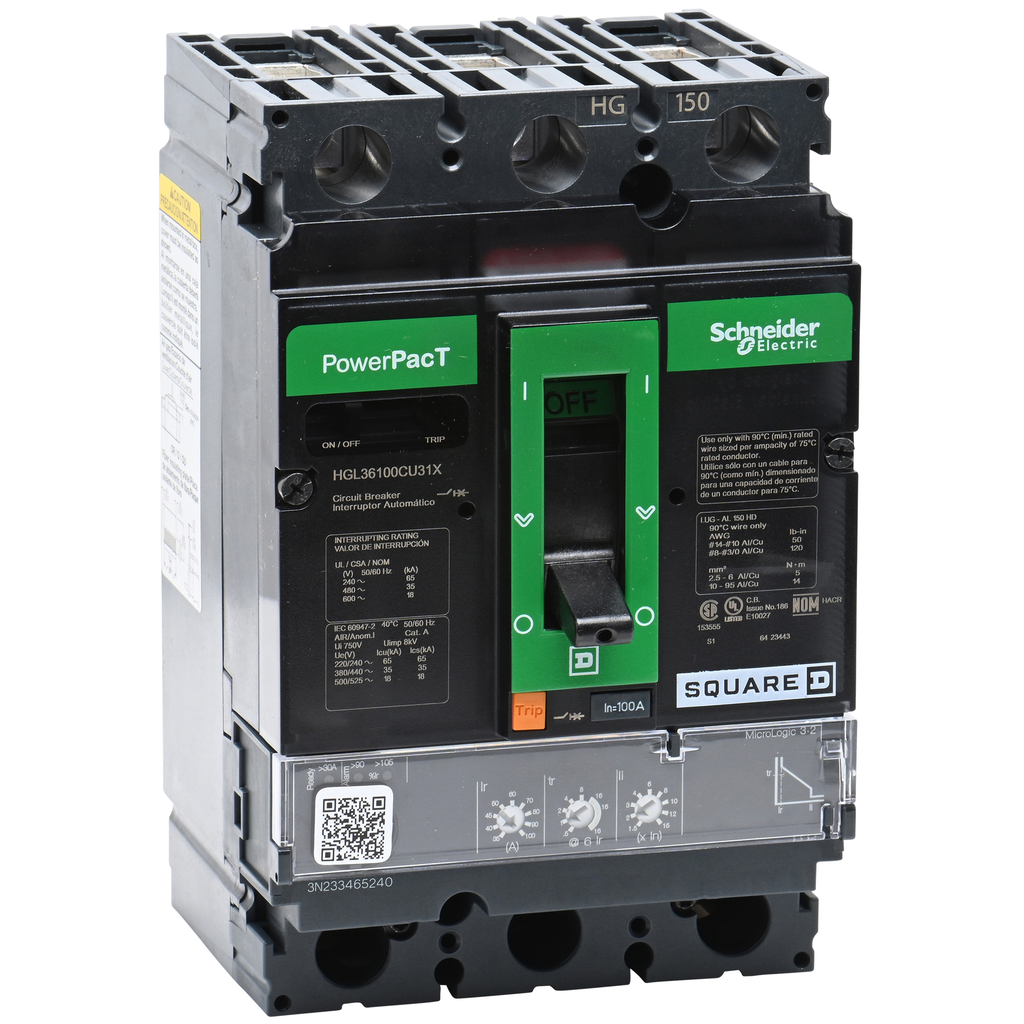 HGL36100CU31X – Circuit breaker, PowerPacT H, 100A, 3 pole, 600VAC, 18kA, lugs, Micrologic 3.2, 100%