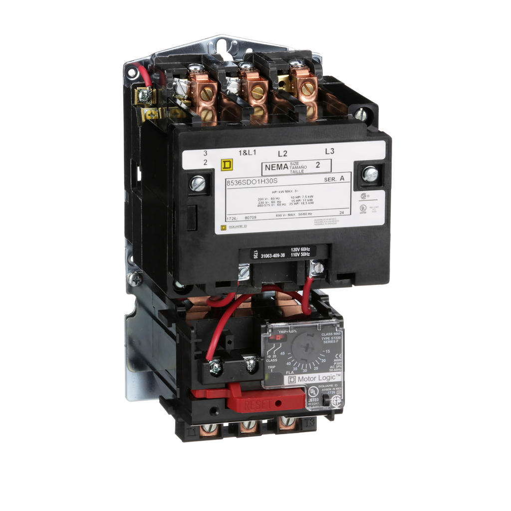 8536SDO1V06H30 – NEMA motor starter, Type S, nonreversing, Size 2, 45A, 25HP at 460VAC, up to 100kA SCCR, 3 phase, 3 pole, Motor Logic, 480VAC coil, open