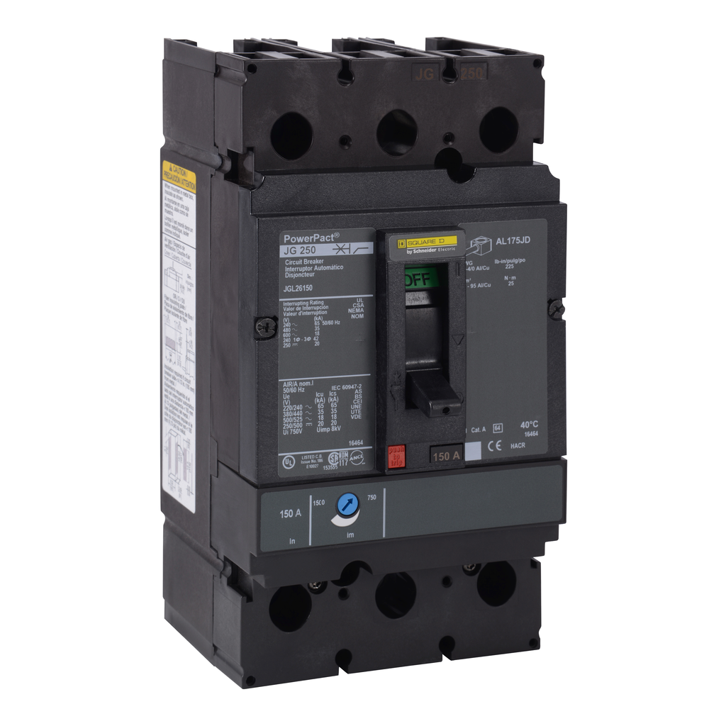 JGL26175 – Circuit breaker, PowerPacT J, 175A, 2 pole, 600VAC, 18kA, lugs, thermal magnetic, 80%