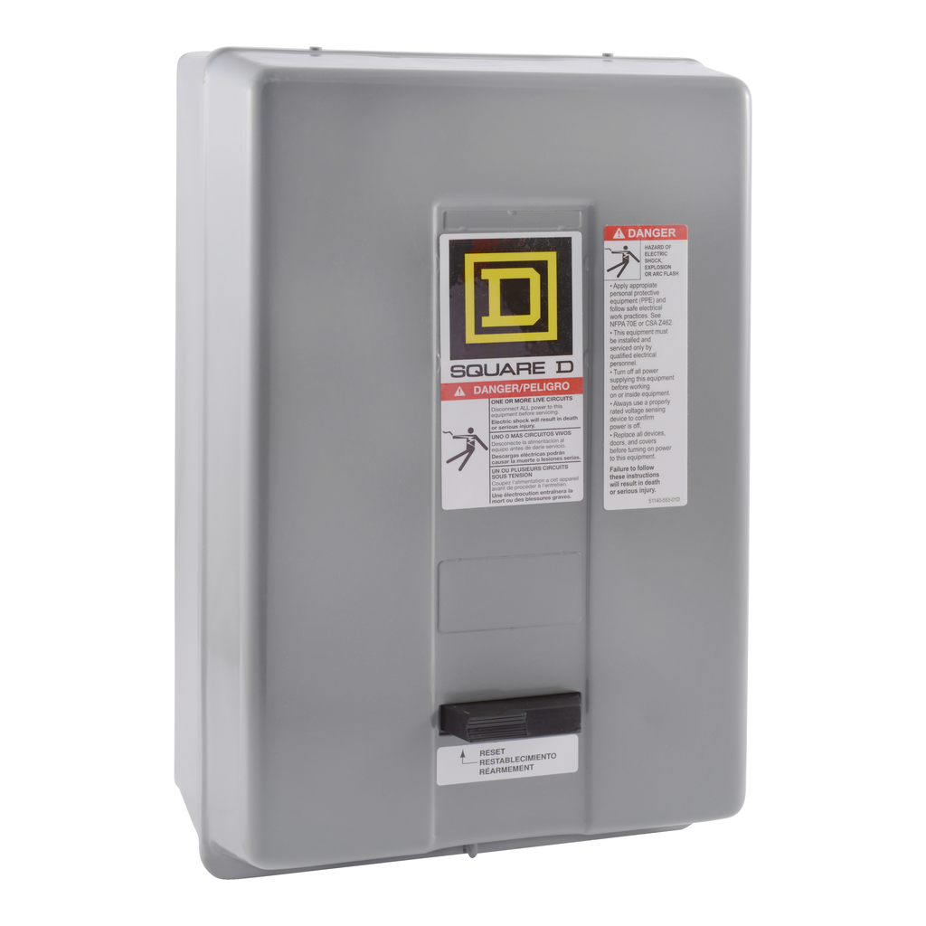 8536SDG6V02 – NEMA Motor Starter, Type S, nonreversing, Size 2, 45A, 7.5 HP at 230 VAC, 5 kA SCCR, 1 phase, 2 pole, melting alloy, 120 VAC coil, NEMA 1