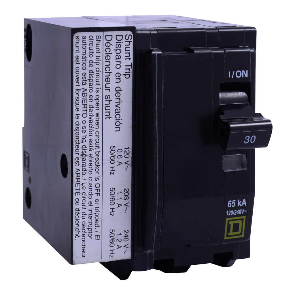 QO2151021 – Mini circuit breaker, QO, 15A, 2 pole, 120/240VAC, 10kA, plug in, AC shunt