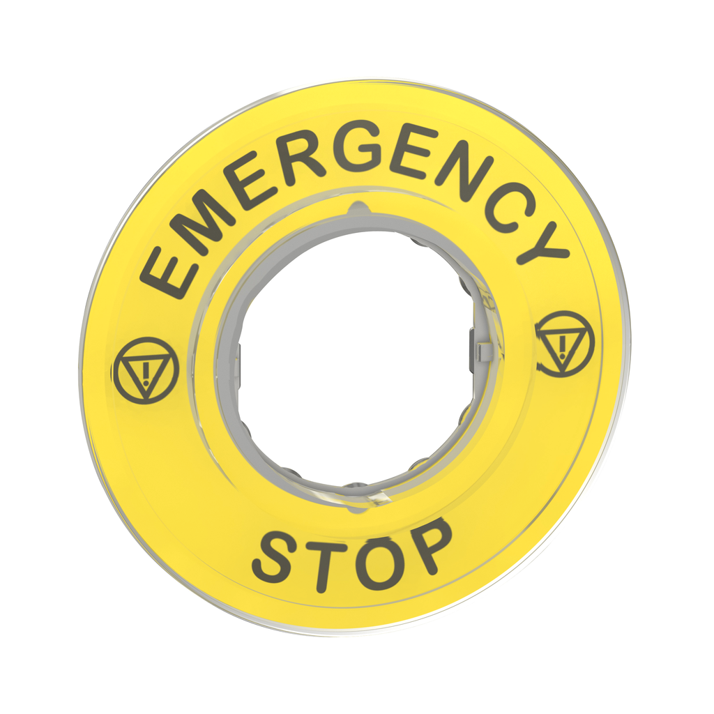 ZBY9320 – Legend holder 60mm for emergency stop, Harmony XB4, plastic, yellow, marked EMERGENCY STOP