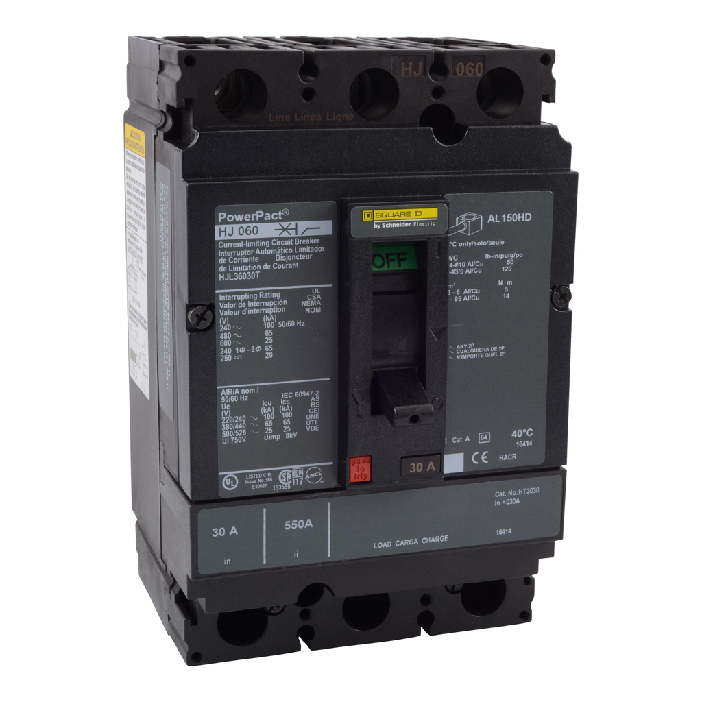 HJL36030T – Circuit breaker, PowerPacT H, 30A, 3 pole, 600VAC, 25kA, lugs, thermal magnetic, 80%, interchangeable trip unit
