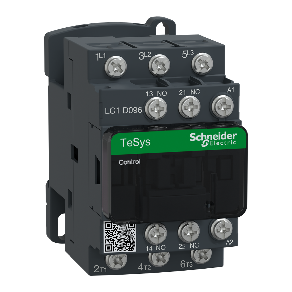 LC1D096M7 – IEC contactor, TeSys Deca, nonreversing, 9A, 5HP at 480VAC, 3 phase, 3 pole, 3 NO, 220VAC 50/60Hz coil, open style