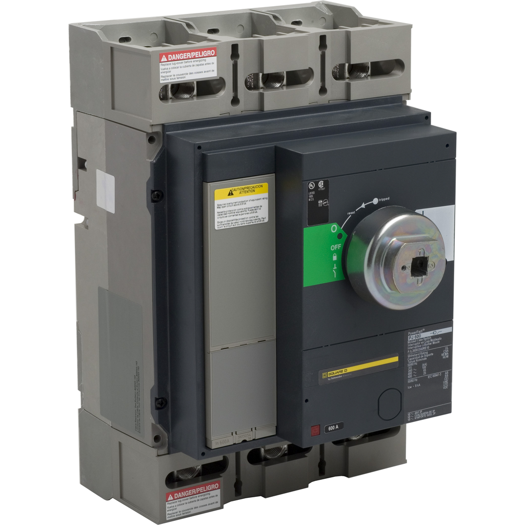PJL36000S12RE10 – Automatic switch, PowerPacT P, 1200A, 3 pole, 600VAC, 25kA, lugs, magnetic, black rotary handle