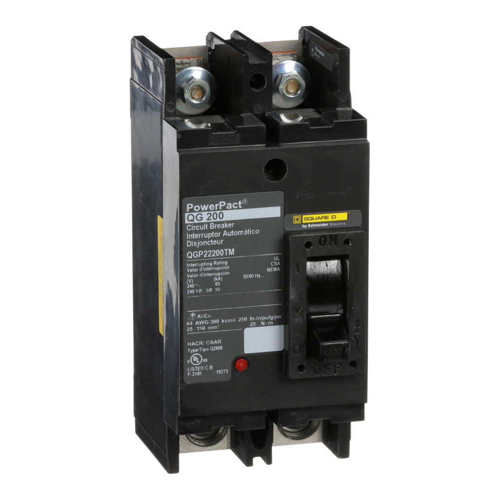 QGP22200TM – Circuit breaker, PowerPacT Q, 200A, 2 pole, 240VAC, 65kA, lugs, thermal magnetic, 80%, bottom of panel