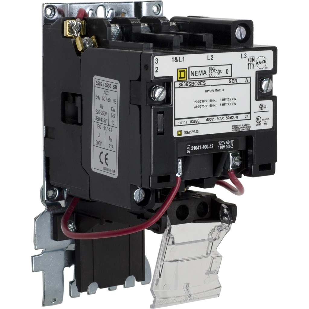 8536SBO2V02ES – NEMA Motor Starter, Type S, nonreversing, Size 0, 18A, 5 HP at 460 VAC, up to 65 kA SCCR, 3 phase, 3 pole, bimetal, 120 VAC coil, open