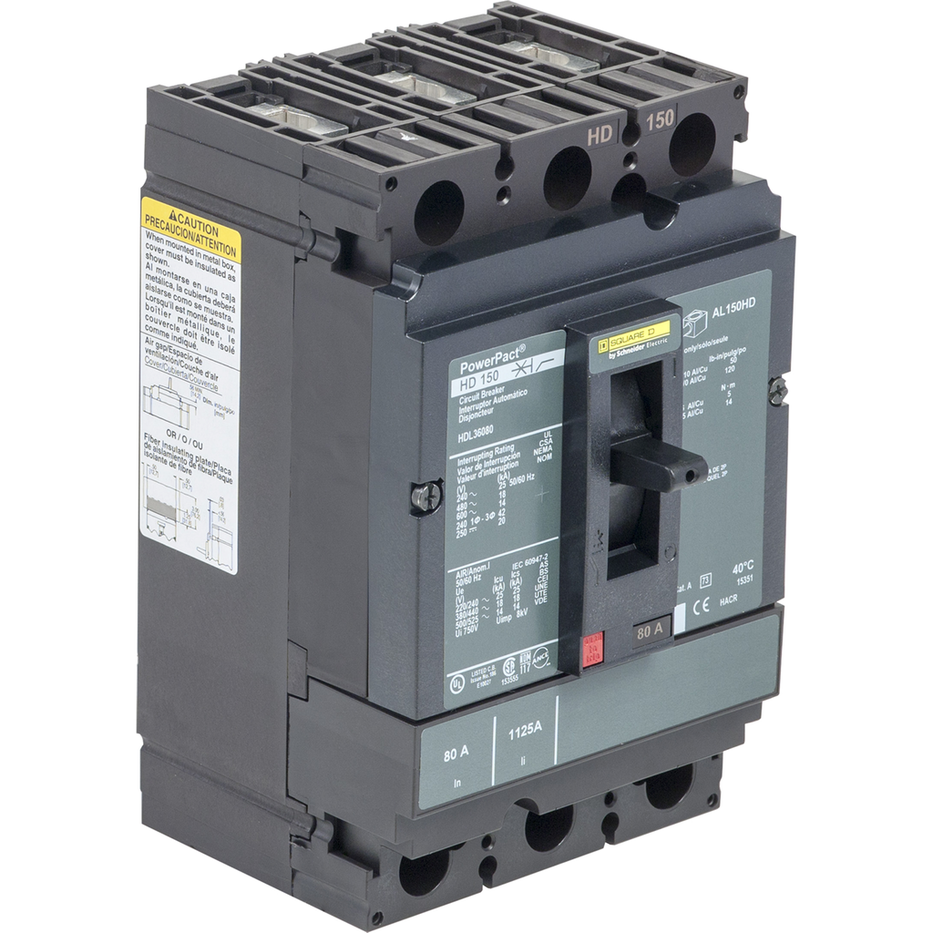 HDL36110C – Circuit breaker, PowerPacT H, 110A, 3 pole, 600VAC, 14kA, lugs, thermal magnetic, 100%