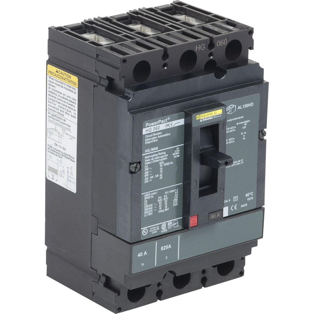 Product image for Square D HGL36040 3-Pole 40 Amp 600 Volt Thermal Magnetic Molded Case Circuit Breaker