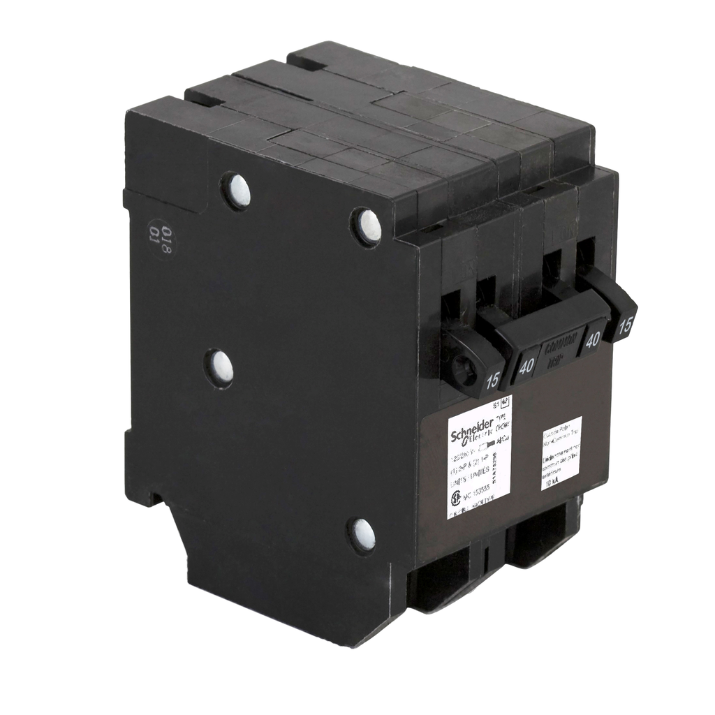 CHOMT1515240CP – Quad tandem circuit breaker, Homeline, 2 x 1 pole at 15A, 1 x 2 pole at 40A, 120/240VAC, 10kA AIR, plug in, UL