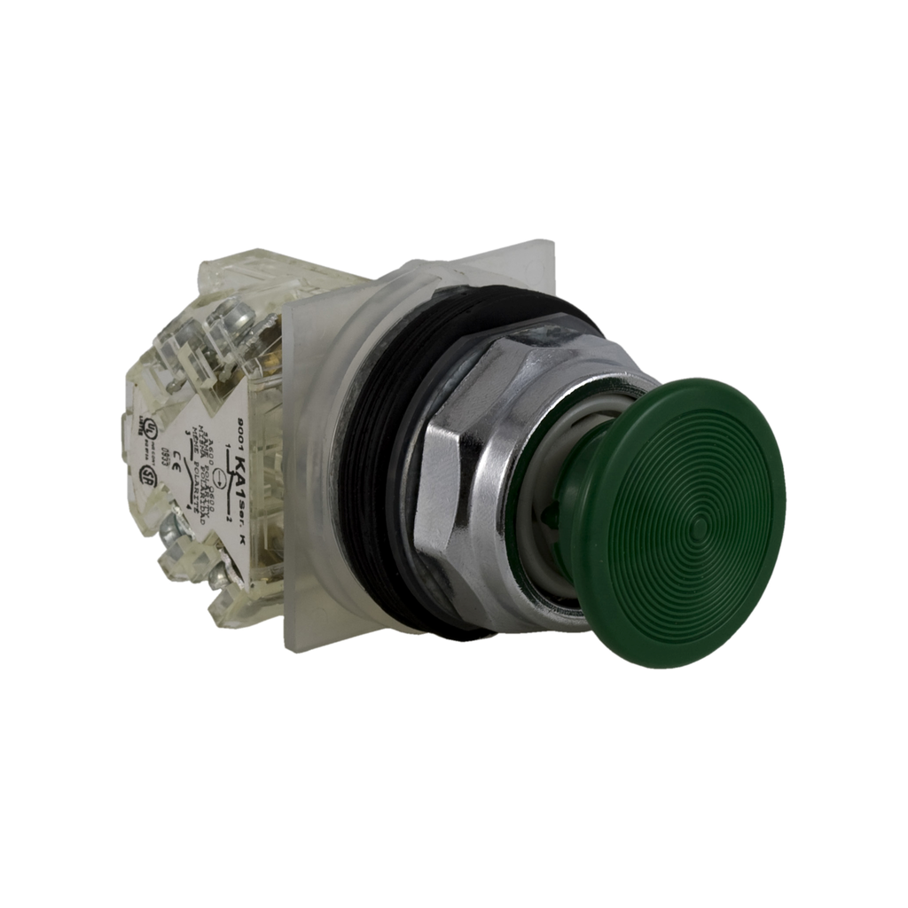 9001KR4GH13 – Push-button, Harmony 9001K, metal, snap-in plastic mushroom 35mm, green, 30mm, spring return, 1 C/O