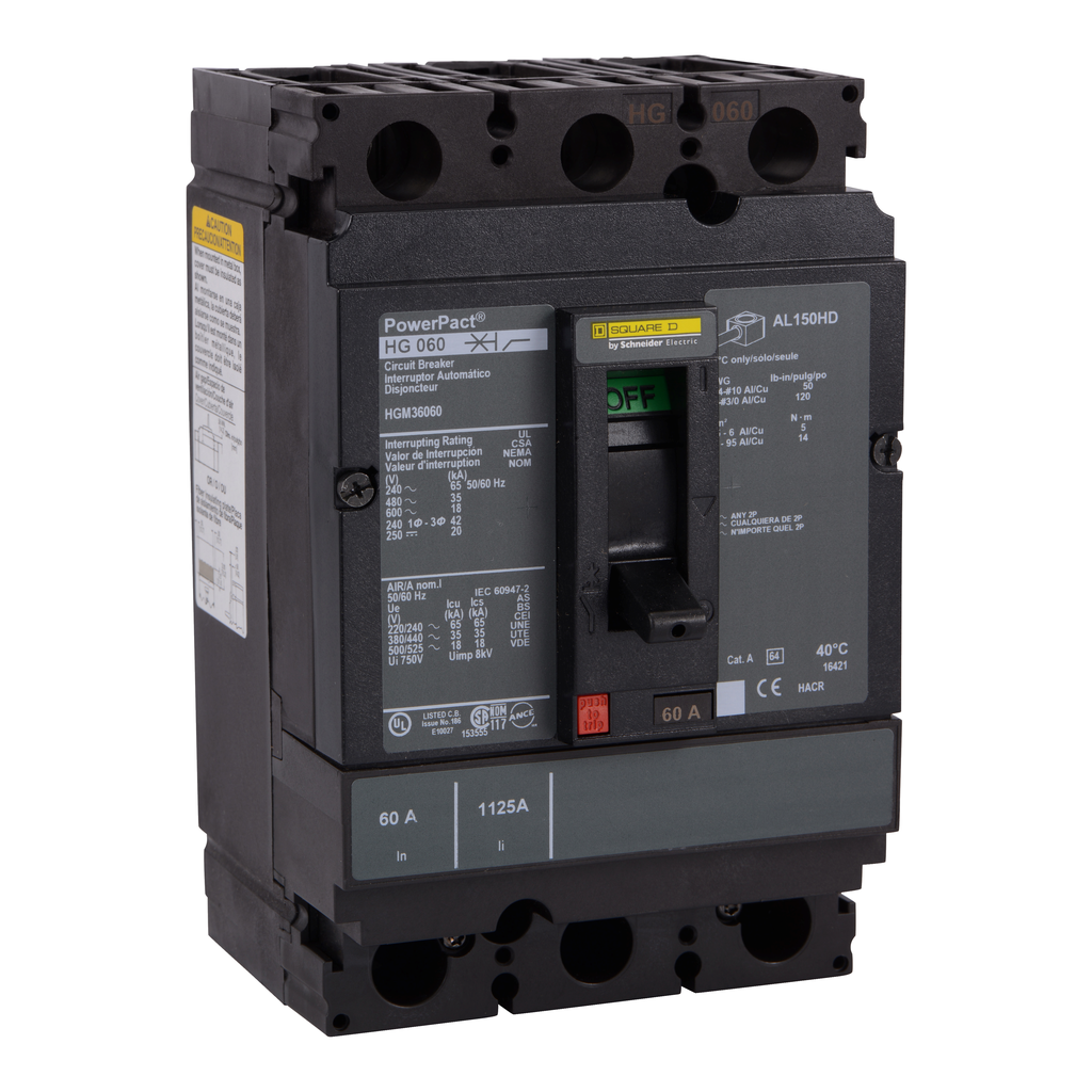 HGM36125 – Circuit breaker, PowerPacT H, 125A, 3 pole, 600VAC, 18kA, lugs, thermal magnetic, 80%