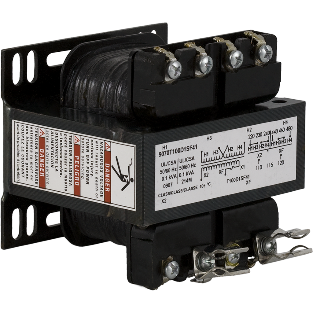 9070T100D1SF41 – Transformer, Type T, industrial control, 100VA, 1 phase, 240x480V primary, 120V secondary, 55C rise