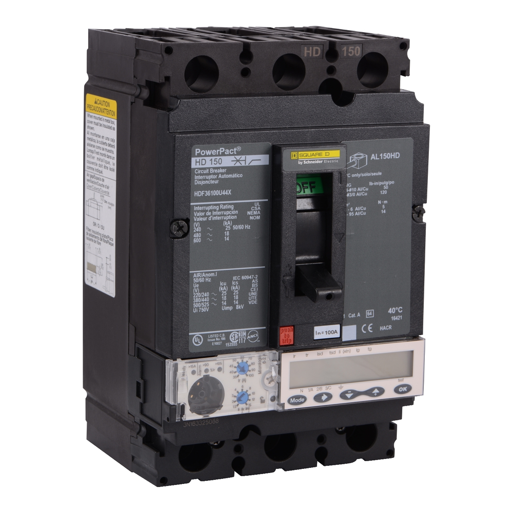 Mayer-DDS-Circuit breaker, PowerPacT H, 100A, 3 pole, 600VAC, 14kA, busbar, Micrologic 6.2A, 80%-1