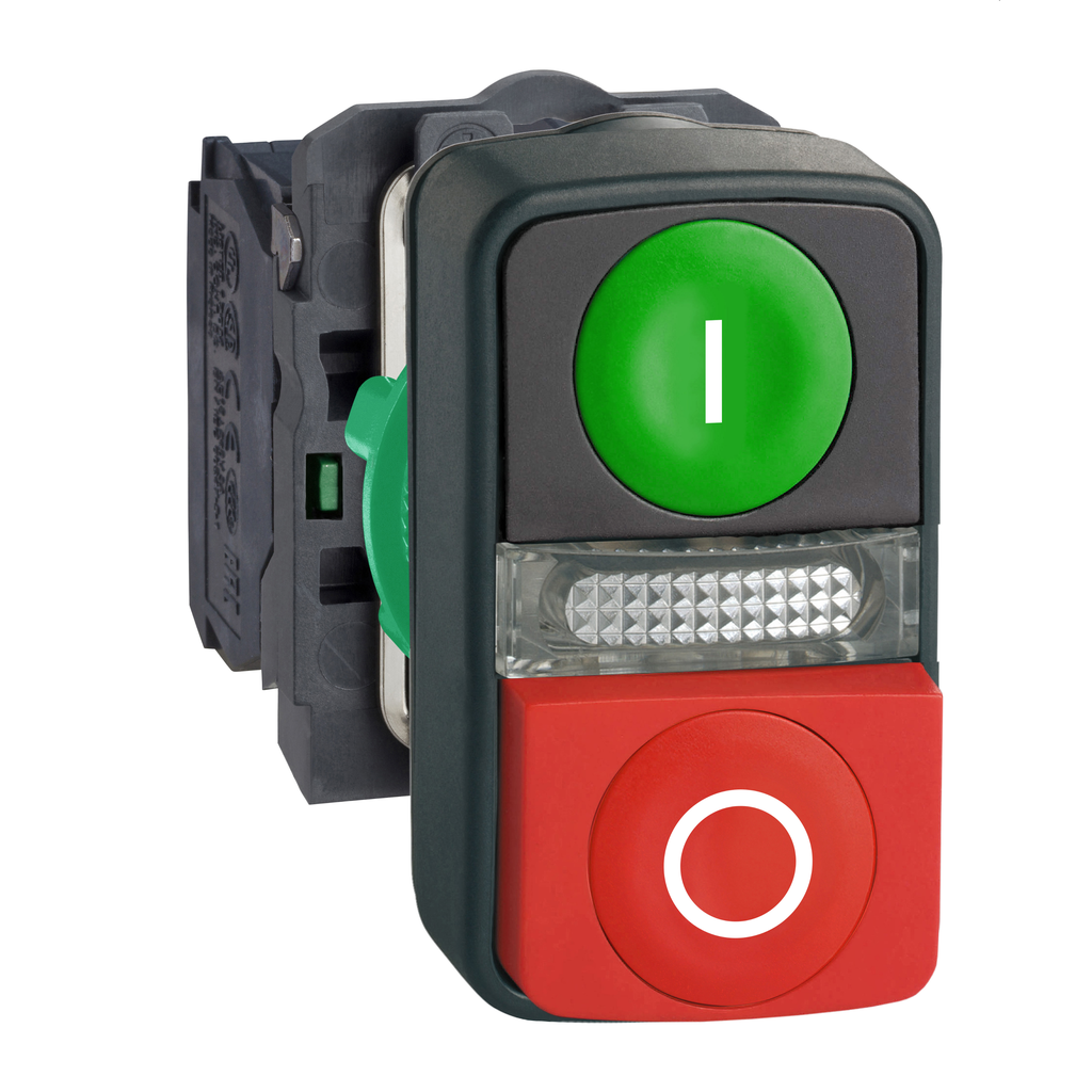 XB5AW73731B5 – Illuminated double headed push button, Harmony XB5, plastic, 22mm, 1 green flush I   1 pilot light   1 red projecting O, 1 NO   1 NC